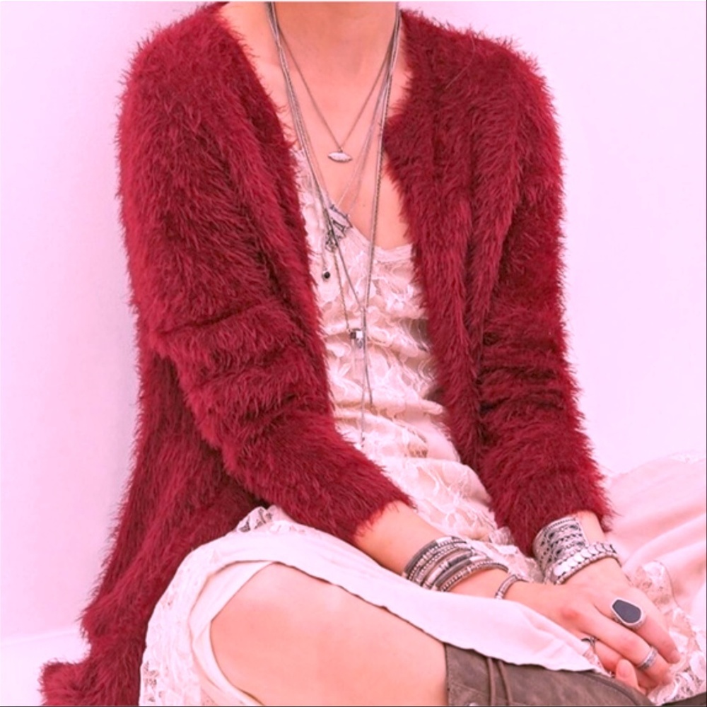 CRANBERRY FUZZY CARDIGAN - Picture 2 of 4